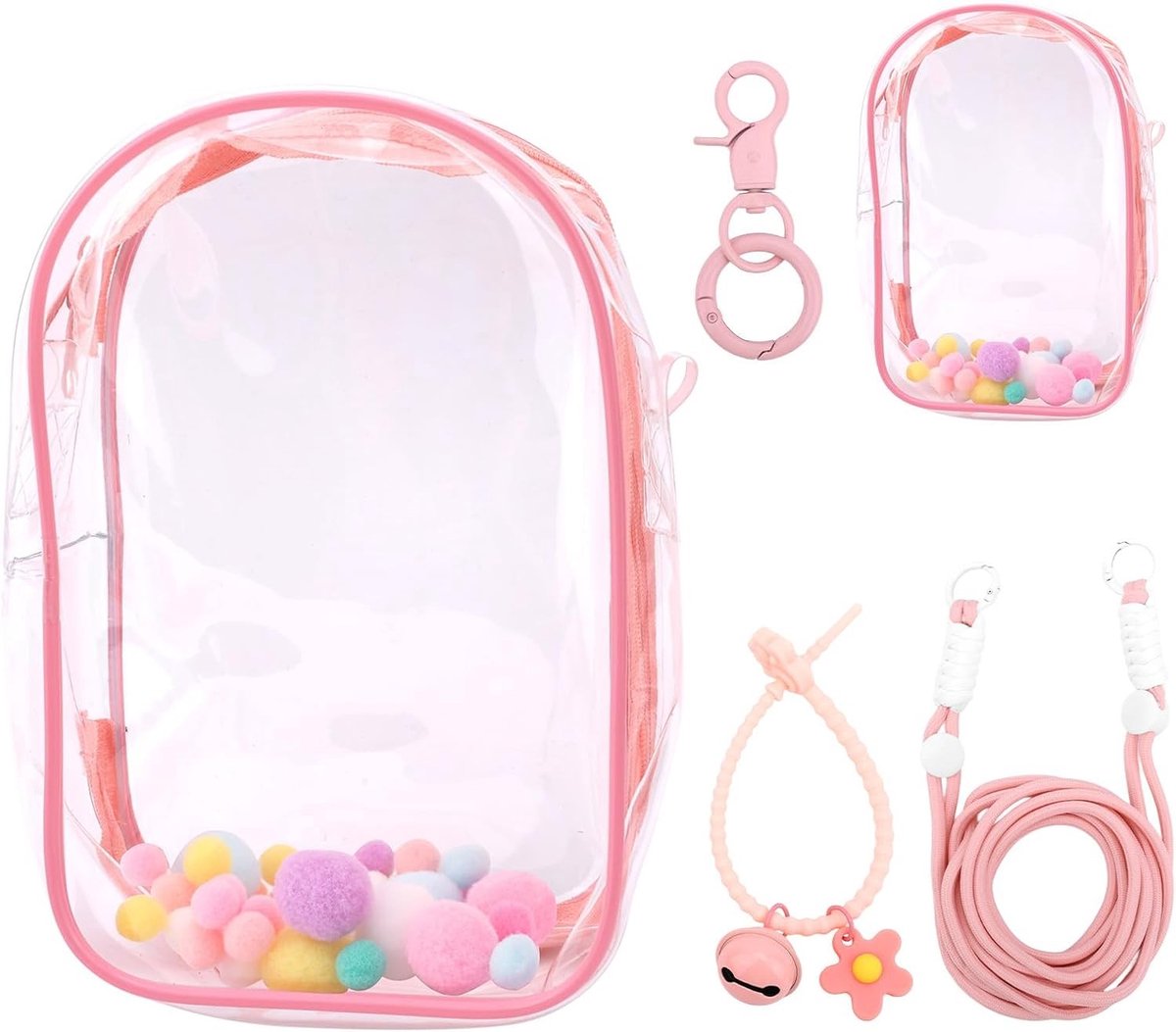Transparante Display Case voor Bescherming van Pluche Poppen, Draagbare PVC Opbergzak met Schouderband en Sleutelhanger voor 15/17cm Poppen (Roze)