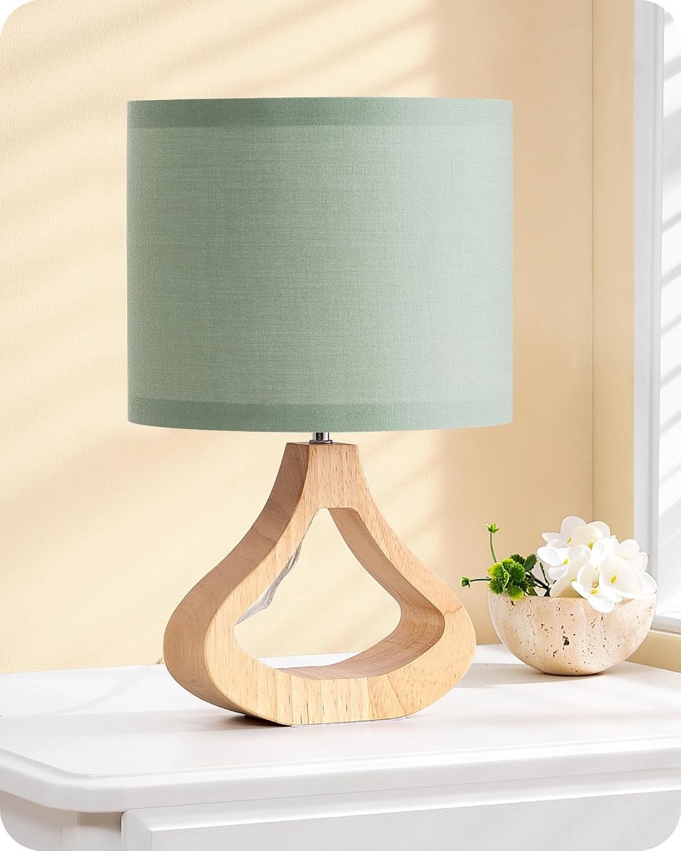 Moderne Tafellamp van Hout met Linnen Lampshade en E27 Fitting, 34 cm, Geschikt voor Woonkamer en TV Meubels, LED 2700K Verlichting