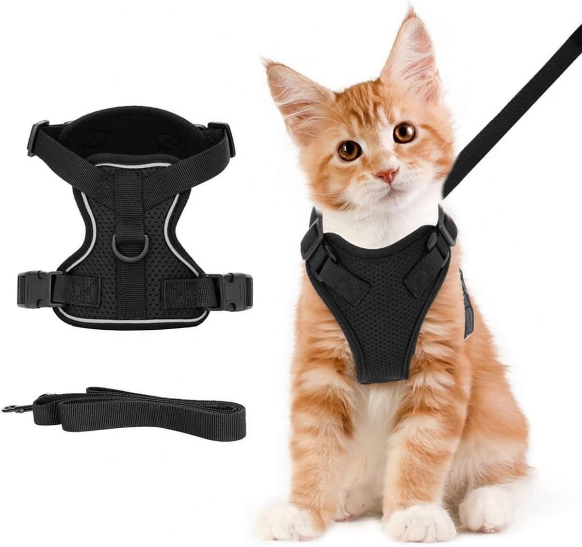 Kattenharnas - Zwart - XS - Verstelbaar ademend mesh harnas - Voor katten en kleine puppy's