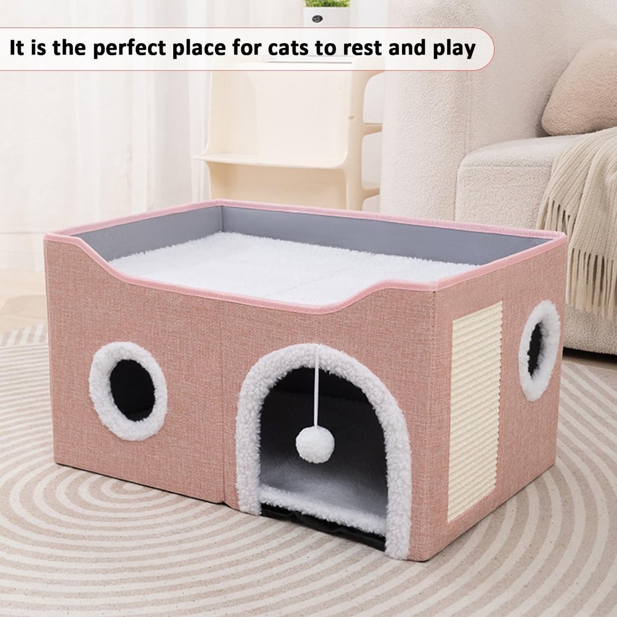 Kattenstoel - Pink - M - Opvouwbaar Kattenhuis met Kraskussen en Zacht Kussen - Voor Indoor Katten