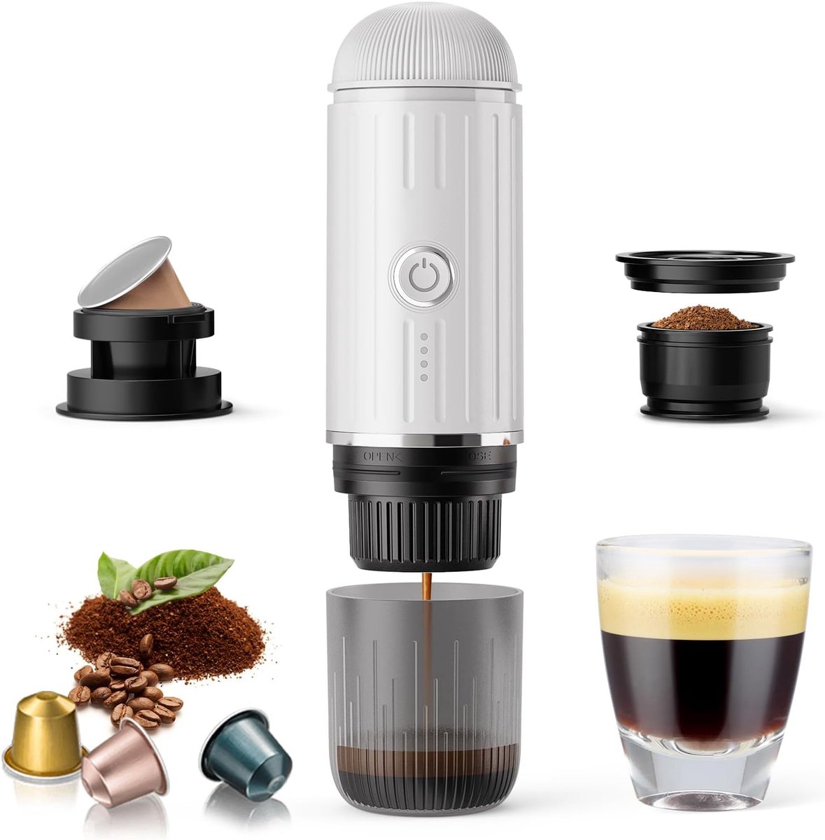 2026 Draagbaar elektrisch koffiezetapparaat voor gemalen koffie en NS-capsules. Snelle zelfverwarmingstechnologie met USB-C. Perfect voor campers, wandelen, kamperen, kantoor en een actieve levensstijl. Een ideaal kerstcadeau voor mannen-wit