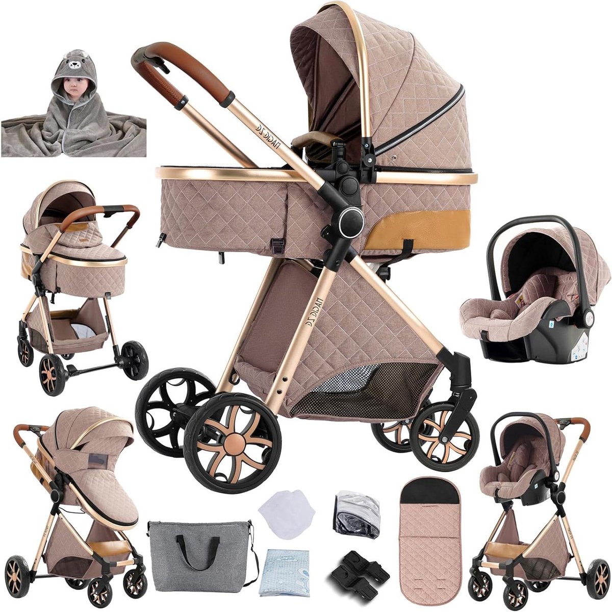 Baby Reiswieg - Kinderwagen Reiswieg - Veilig Vervoeren - 3-in-1 Multifunctioneel - 82 x 61 x 105 cm - Khaki