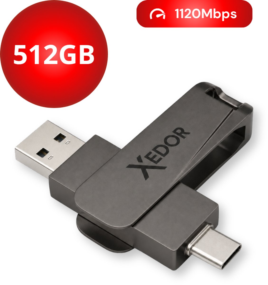 Xedor® Base - USB Stick - 512 GB - 1120Mbps - USB C en A - iPhone en Android - Donkergrijs