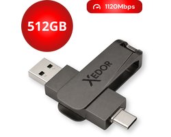 Xedor® Base - USB Stick - 512 GB - 1120Mbps - USB C en A - iPhone en Android - Donkergrijs