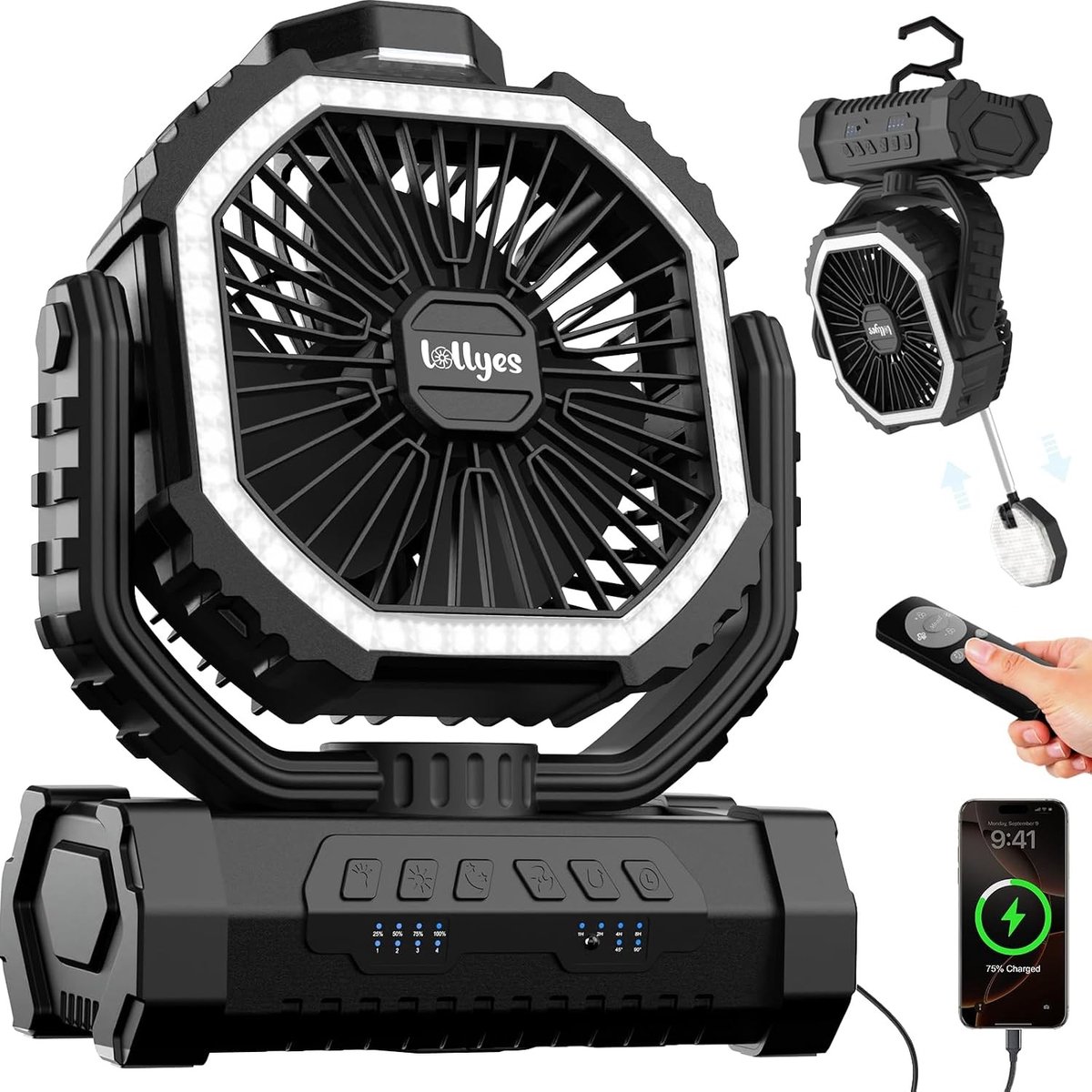 Camping Ventilator met Licht - Zwart - Met 20000mAh Batterij - Draagbare Ventilator met Afstandsbediening - Voor Kamperen en Binnengebruik