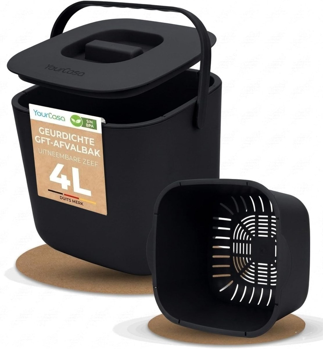 Compostemmer 5 liter - Zwart - 4 Liter - Vaatwasmachinebestendige Keukenafvalemmer met Zeef - Voor Biologisch Afval