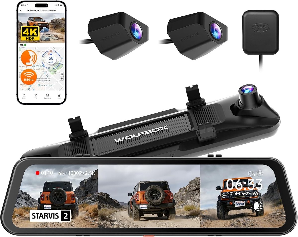 Dashcam voor auto - Zwart - 12 inch - 3-kanaals 4K Achteruitkijkspiegel met Bumpercamera - Voor Offroad en Stad