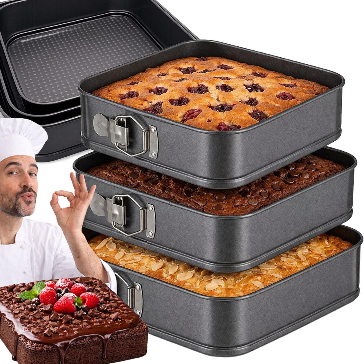 MOZY® - Springvorm - Set van 3 - Vierkant - voor Taarten, Brownies, Quiches en Taartlagen - Bakvorm - Taartvorm - Bakken en Koken