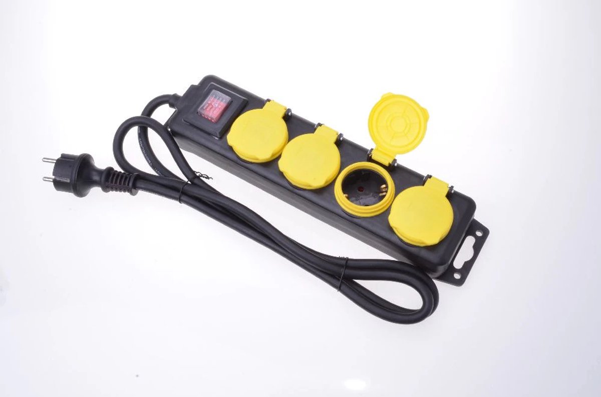 4-Voudige Buiten Stekkerdoos met Schakelaar –Voor Buiten Gebruik, Wandmontage & Verlichte Schakelaar IP44, TuV/GS, 1,4 m H07RN-F 3G1,5 mm² Kabel –