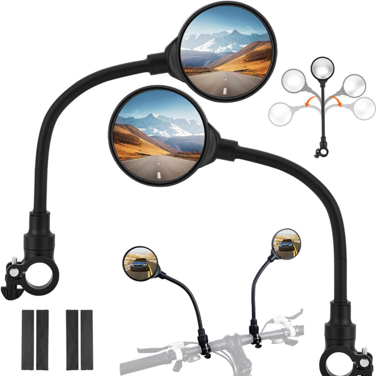 Bobypet - Fietsspiegels - Verstelbare stuurspiegels - Set van 2 - Bolle groothoek achteruitkijkspiegels met hoge resolutie - Voor mountainbike, racefiets en e-motorfiets - 37.5cm - Zwart