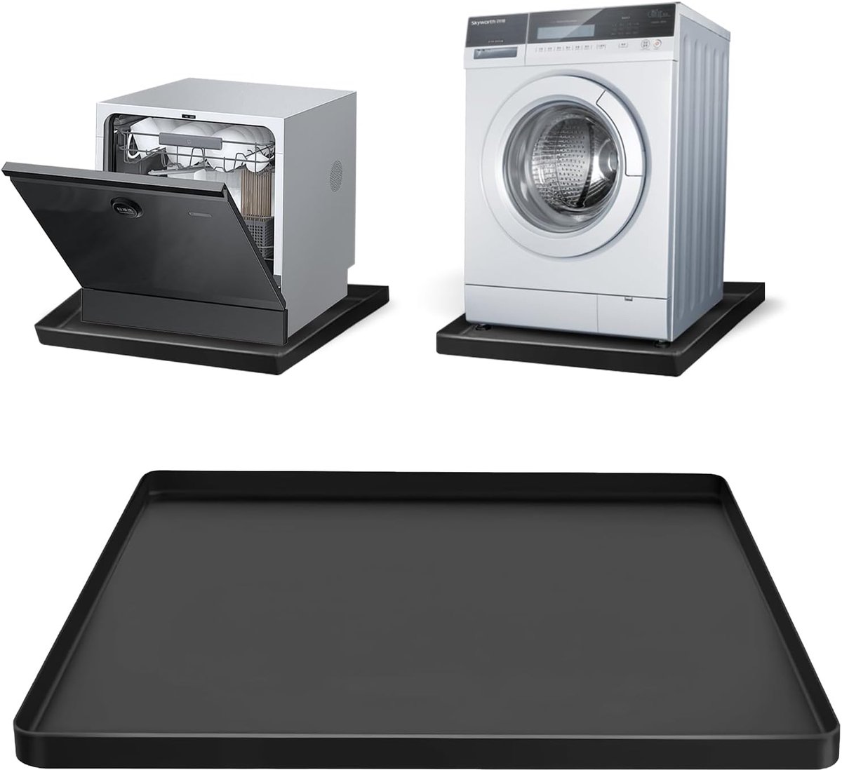 Bobypet - Wasmachine lekbak - Siliconen beschermmat - Waterdicht - Beschermt de vloer tegen lekkage - Voor wasmachine, droger, vaatwasser, koelkast en airco - 60 x 50 x 1,5 cm - Zwart