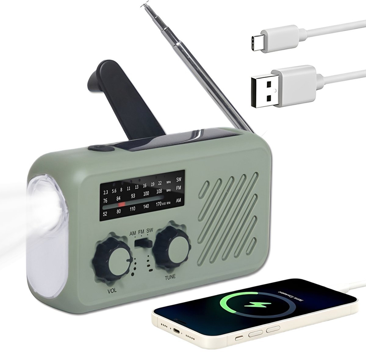 Fokelyi Noodradio Solar Opwindbaar-Weerradio-AM/FM Weeralarm Powerbank-Verwisselbare Batterij-Draagbare Radio-LED Zaklamp En Flitslamp-SOS Alarm Voor Noodpakket-Groenop zonne-energie werkende radiozaklamp met handslinger