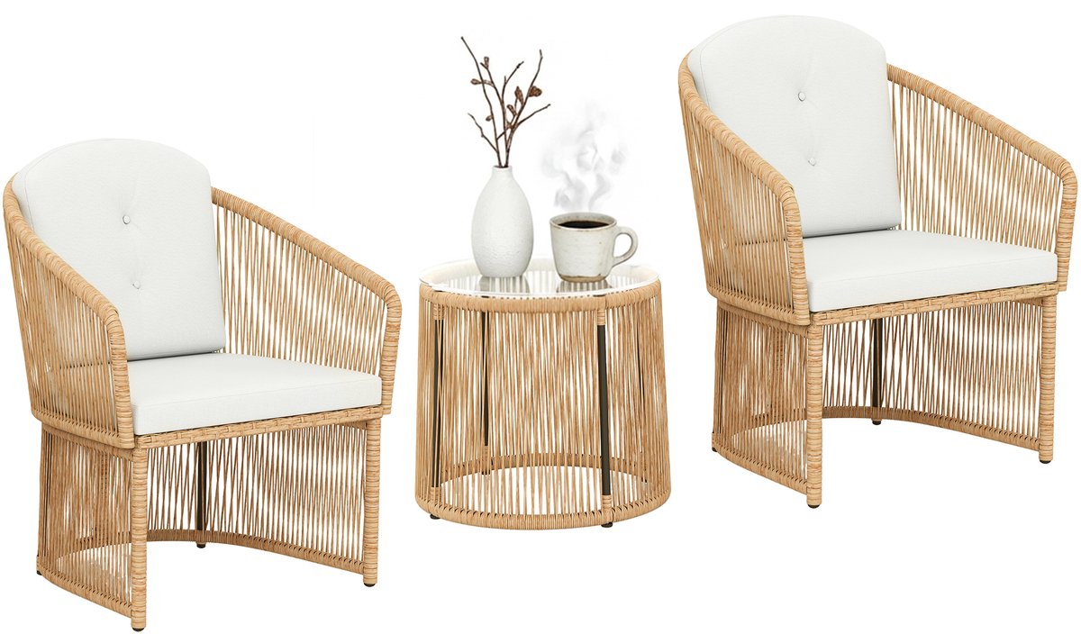 3-delig - Tuinset van Rotan - Tuinmeubelset met 2 Fauteuils + Tafel + Kussens - Crèmewit