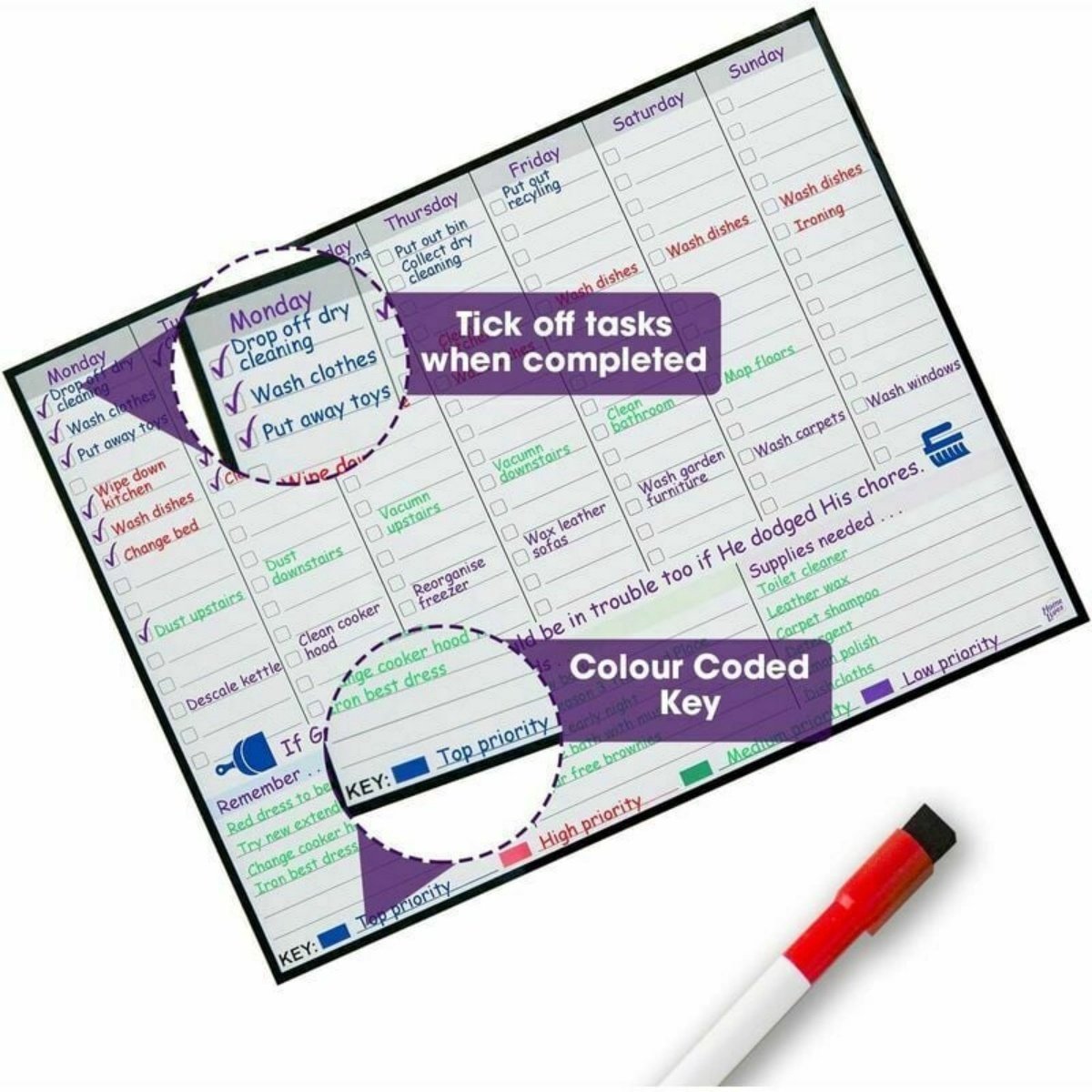 Magnetisch Whiteboard – Weekplanner – 43x33 cm – Voor Koelkast – Uitwisbaar – Met Stiften & Gum — cadeau in Kalenders & Planners - foto 7