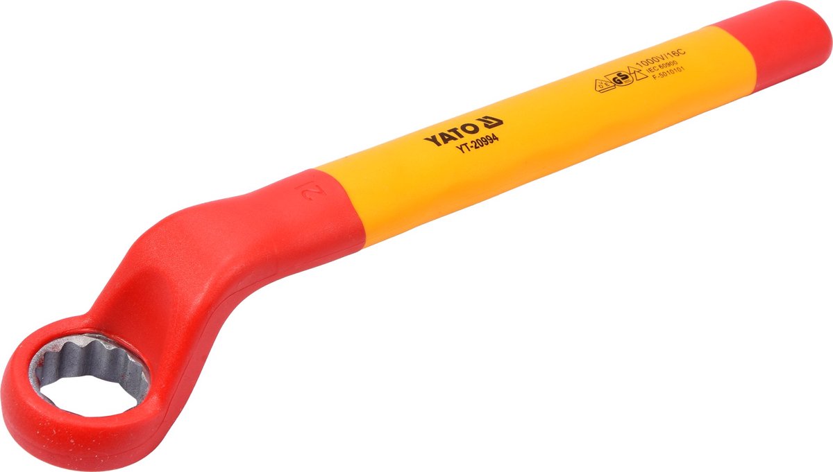 YATO VDE Geïsoleerde Gebogen Ringsleutel 21 mm - 1000V Geïsoleerd Gereedschap - Lengte 245 mm - Chroom-Vanadium Staal - Elektriciens Ringsleutel Gebogen voor Werkzaamheden Onder Spanning (YT-20994)