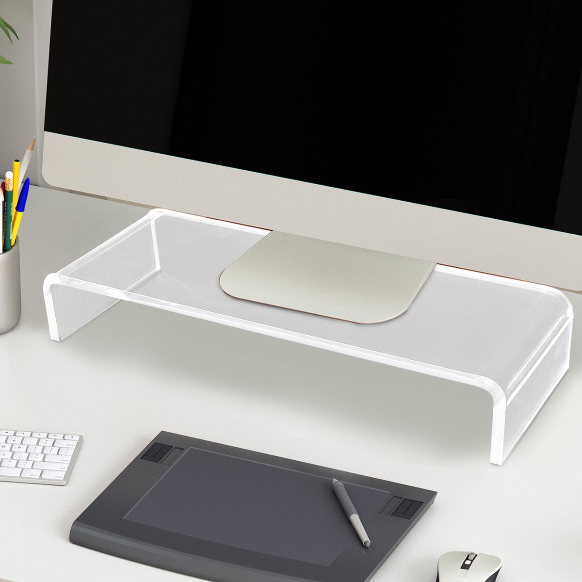 MIVRAY Monitorstandaard – Ergonomische Beeldschermverhoger – 53 x 19 x 9 cm – Acrylglas – Transparant – Met Opbergruimte Voor Toetsenbord