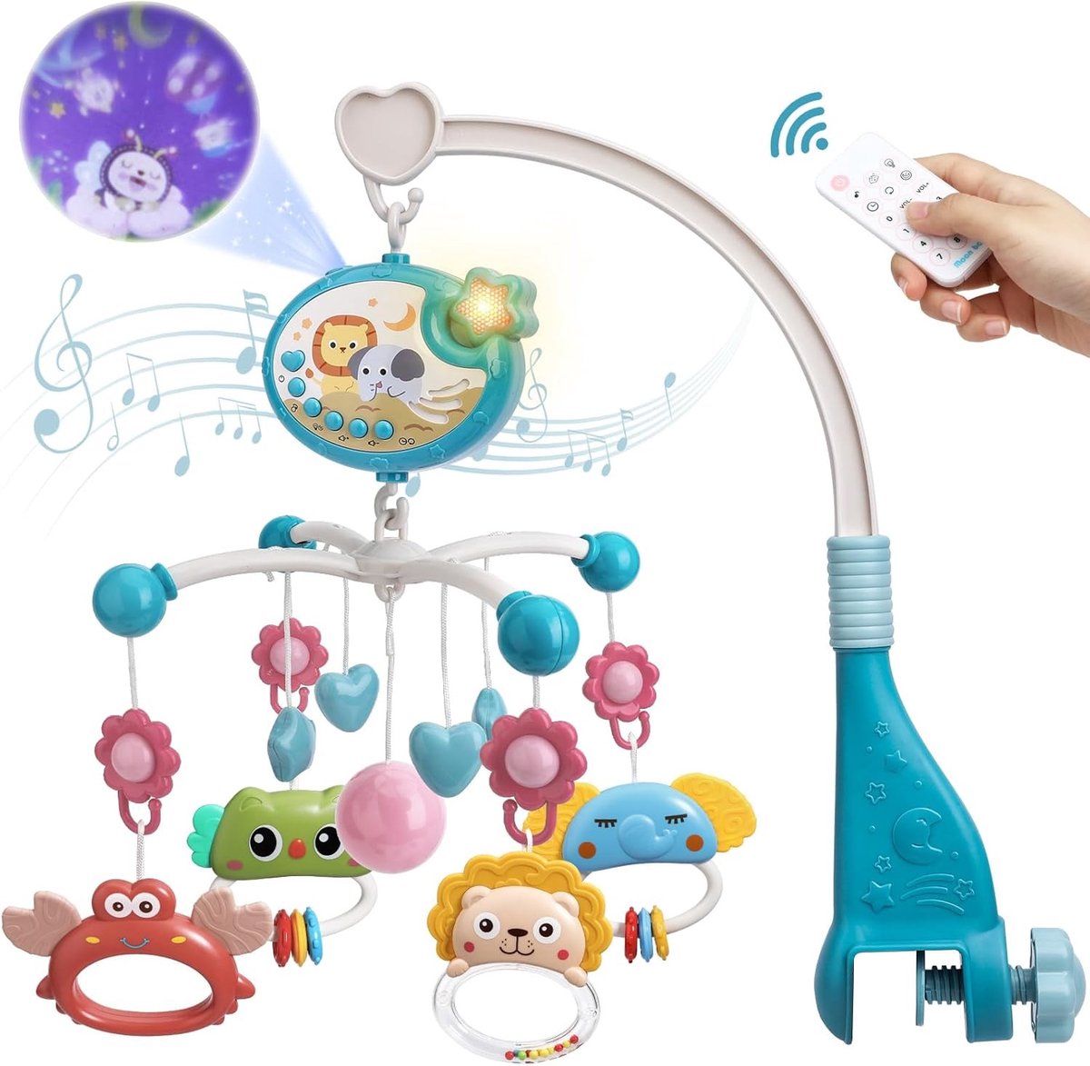 Roterende muziekdoos - Blauw - Mobiel babybed met sterrenprojectie en 400 melodieën - Met afstandsbediening en timer - Voor baby's 0-24 maanden