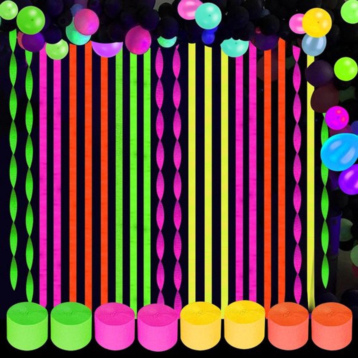 Kreppapier Neon Feestdecoraties - 8 Rollen - Fluorescerend Effect - 25 Meter per Rol - 4,5 cm Breed - Geschikt voor Blacklight Feesten - Feestversiering