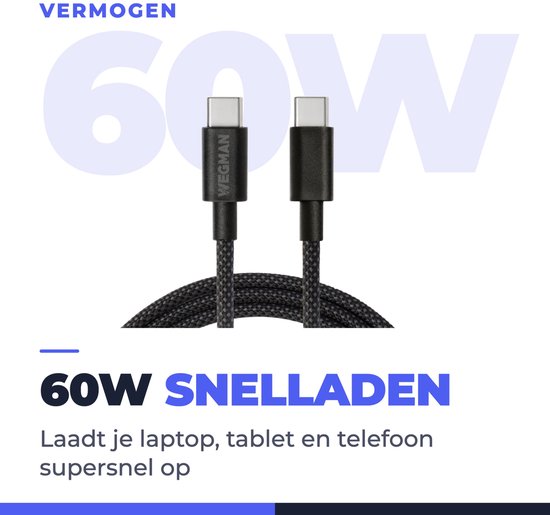Twee zwarte USB-C stekkers met 'WEGMAN' erop, verbonden door een zwarte gevlochten kabel. Tekst: 'Vermogen', '60W Snelladen'.