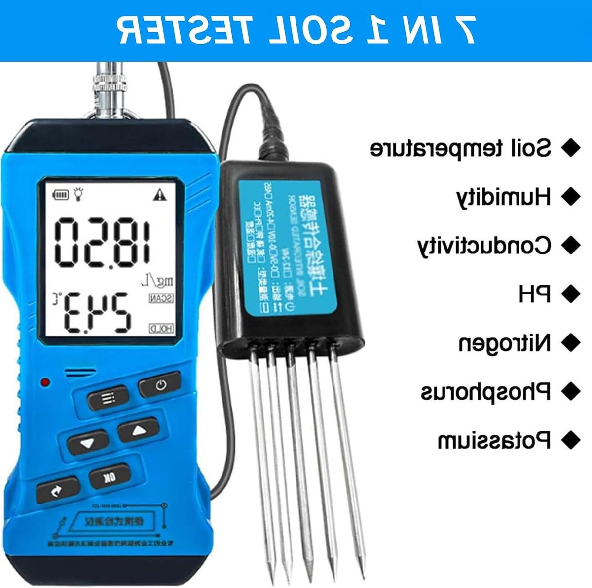 Bodemtestkit - Bodemtester Bodemvochtsensor - Plantenverzorging Optimaliseren - 7-in-1 Geavanceerde Metingen - N/P/K pH Vocht EC - Grijs