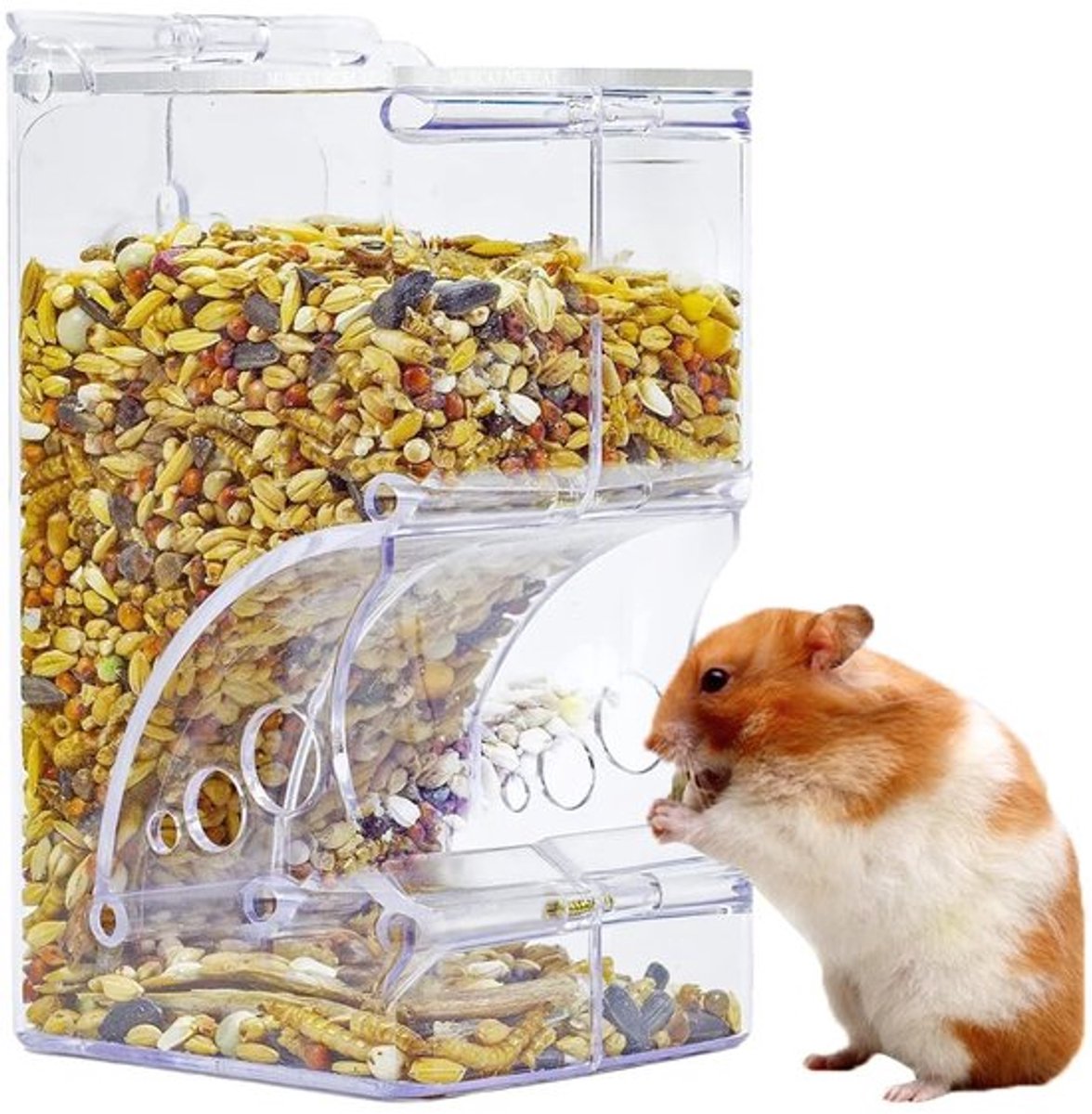 Hamstervoerdispenser 300 ml - Transparant Acryl - Voederstation voor Hamsters/Papegaaien - Eenvoudige Installatie - Veilig en Niet Giftig - Observeerbare Voorraden - Voederautomaat