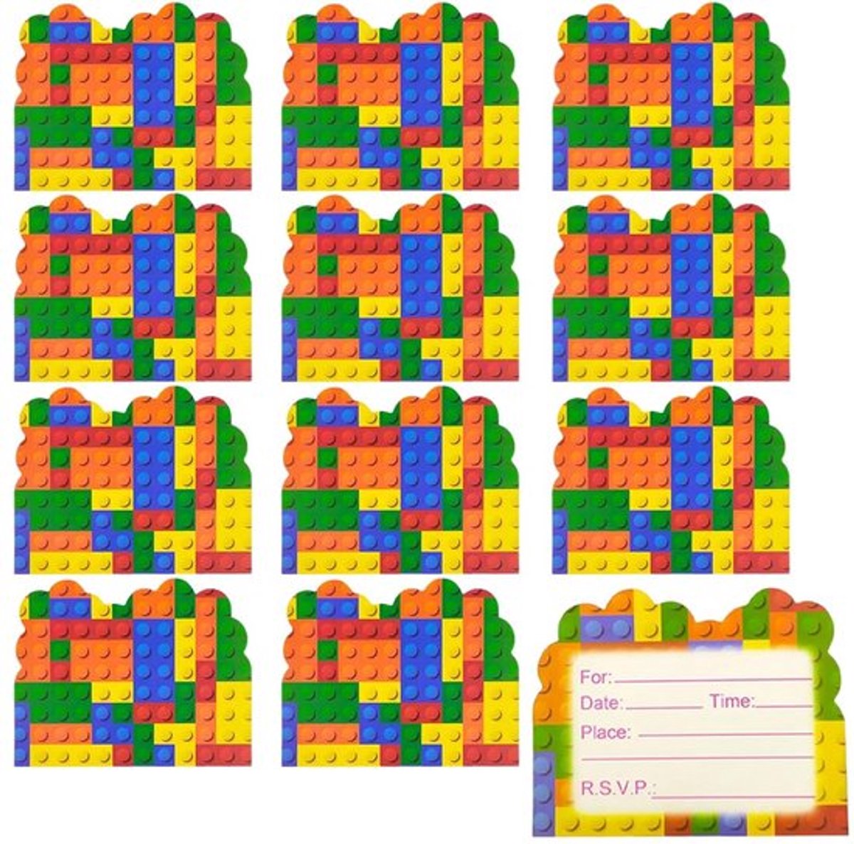 Uitnodigingskaarten 30 stuks - Bouwblokken ontwerp - Verjaardagsuitnodigingen - Kinderfeestje - Unieke kleuren - 14 x 11 cm - Feestuitnodigingen