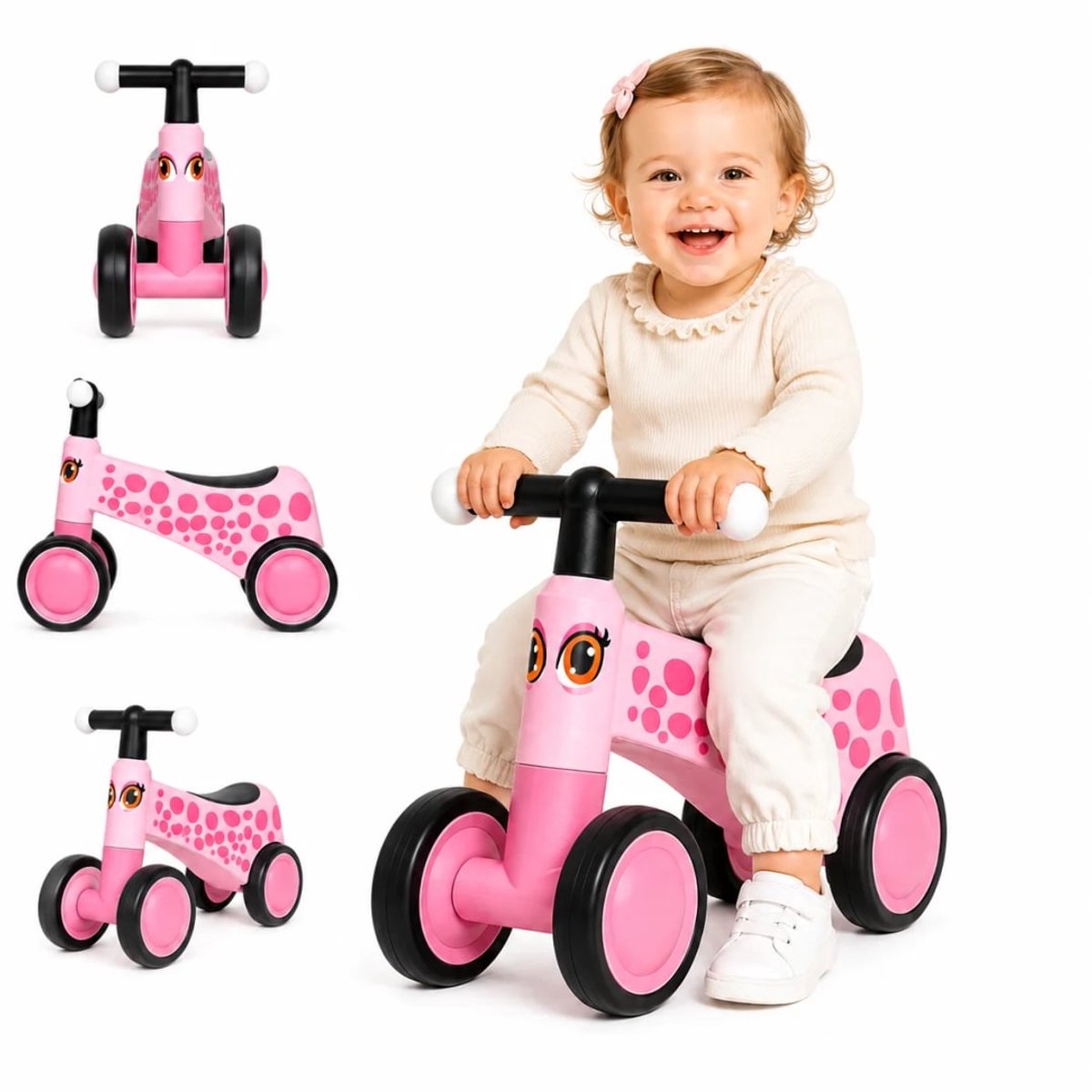 VROOOMY Baby Loopfiets 1 tot 3 jaar – Stabiele Loopwagen met LED-verlichting in het Stuur – Kinderfiets met 4 EVA-Wielen & Ergonomisch Design – Roze