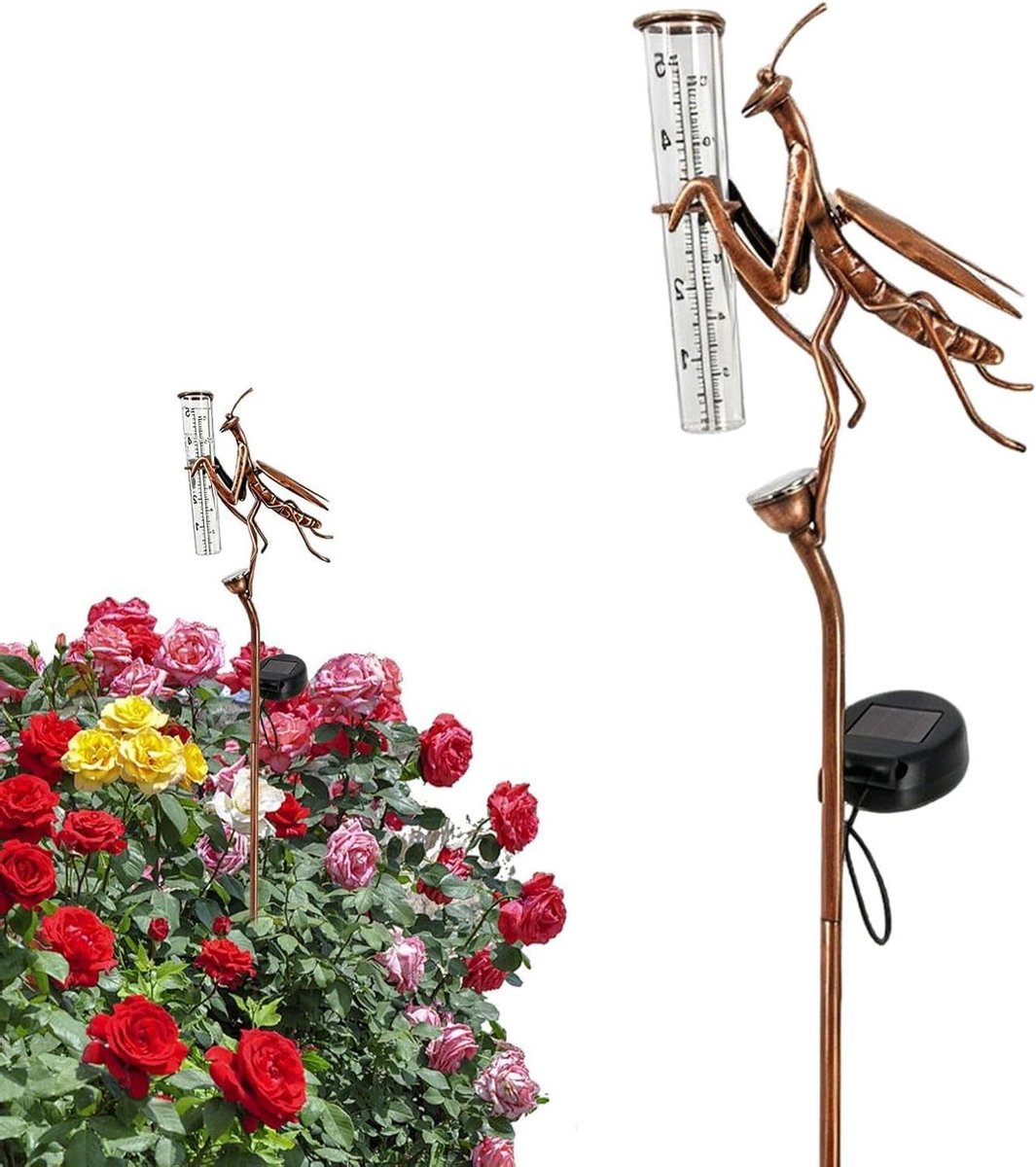 Regenmeter Bidsprinkhaan - Tuindecoratie Lamp - Tuin Verlichten Meten - Zonne-energie LED - 335 cm Hoog - Zwart