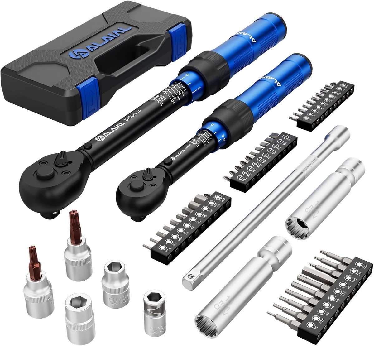 Momentsleutel voor fiets - Zwart - 3-25 Nm & 5-60 Nm Set - 50-delige momentsleutelset met verlengstang en universele doppen - Voor fiets, motor en auto
