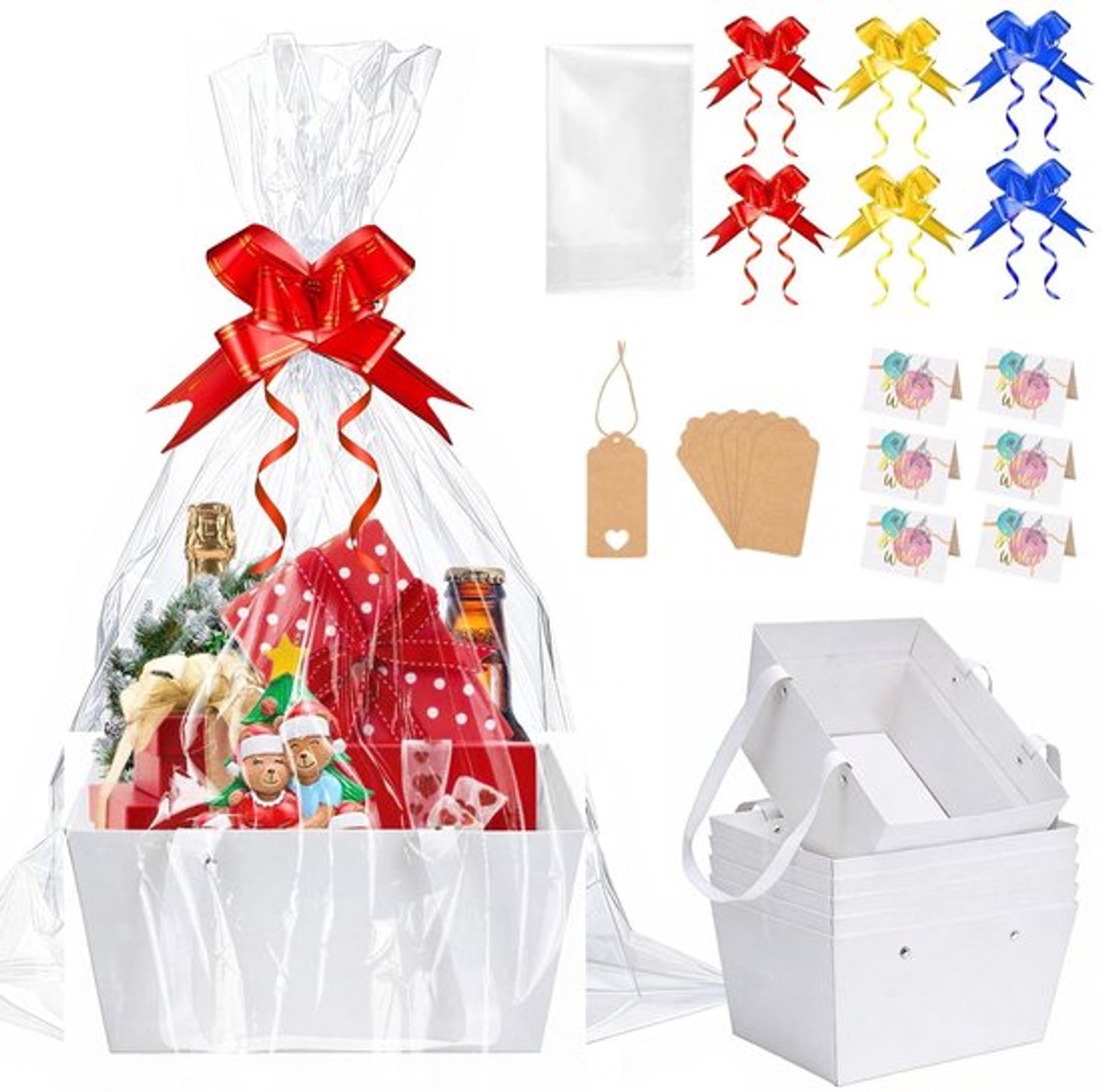 Geschenkmanden Premium Set van 6 - Lege Kraftmanden - Cellofaanzakken - Cadeaulabels - Wenskaarten - Duurzaam Kraftkarton - Cadeaumanden