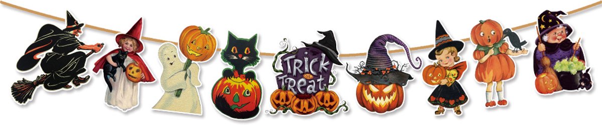 Claoner Halloween krans - Retro decoratie - Met spook pompoen heks kat - Voor haard raam muur - Trick-or-treat