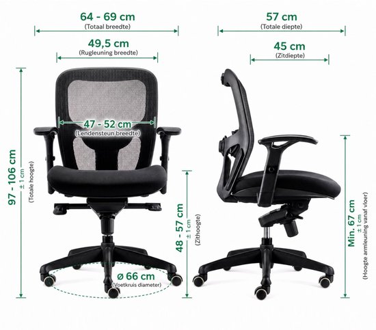 Zwarte ergonomische bureaustoel met mesh rugleuning en stoffen zitting. Afmetingen: totale hoogte 97-106 cm, zithoogte 48-57 cm, totale breedte 64-69 cm.