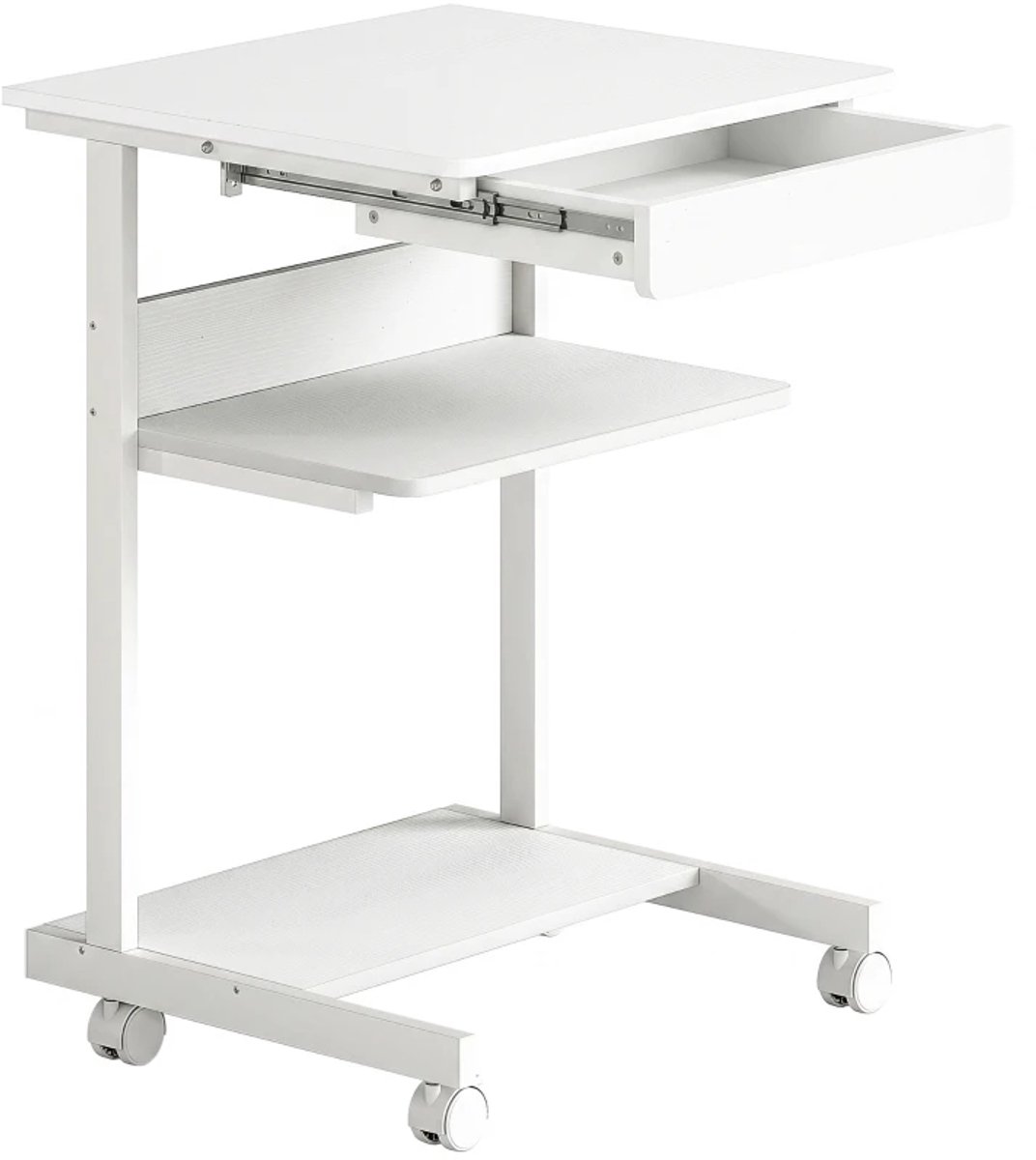 Verrijdbaar Bureau met Lade, Planken & 4 Wielen - Compact - Kantoortafel - Computerbureau - Werktafel - Computer Tafel - Bureautafel - Desk - Game Bureau - Wit