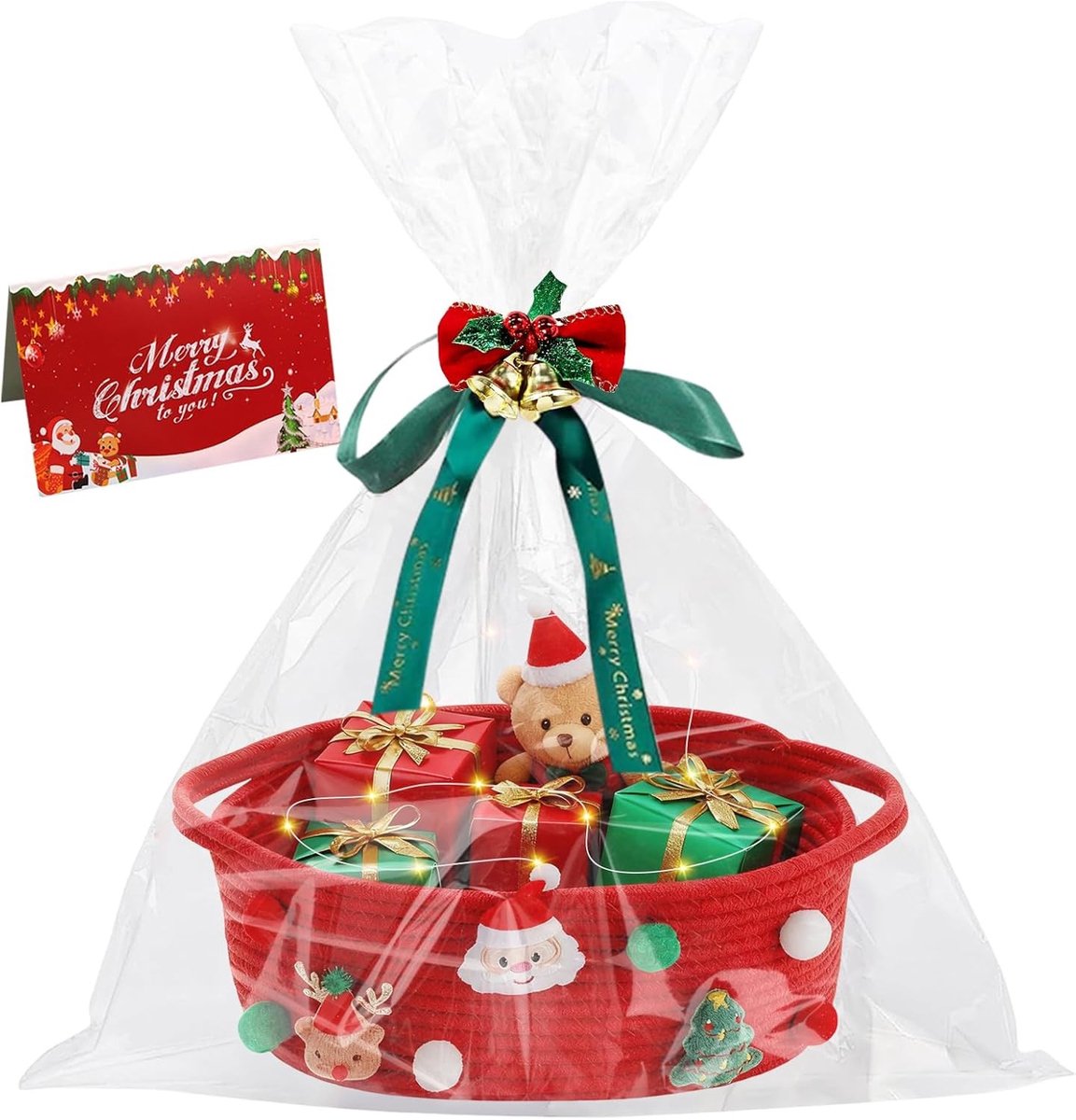 Lege gevlochten kerstcadeaumand met cadeauzakken, linten, kerstkaart en LED-verlichting voor kerst, verjaardag, bruiloft en dankdag