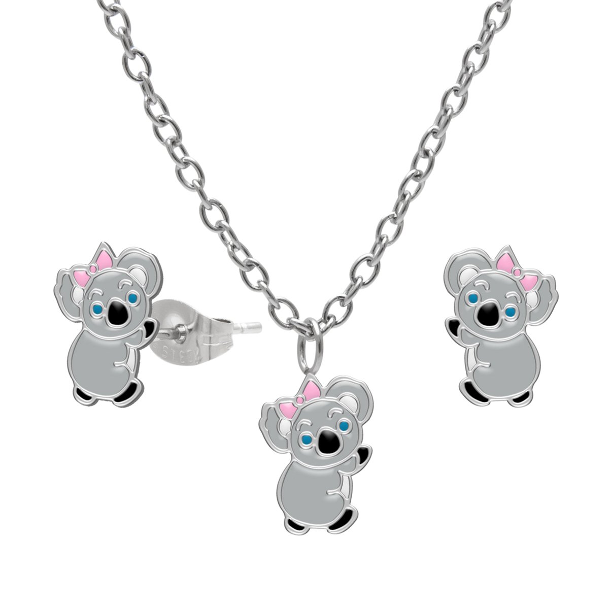 Meisjes Sieradenset Koala – Ketting en Oorstekers – Chirurgisch Staal – Koalabeer met Roze Strik – Kindersieraden