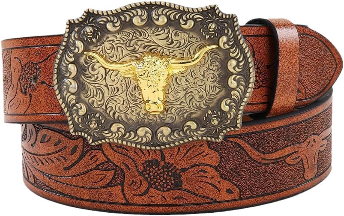 Cowboystijl Riem met Gegraveerde Bloem Motief en Lange Hoorn Buckle voor Mannen, 120 cm, Goudkleurig, One Size