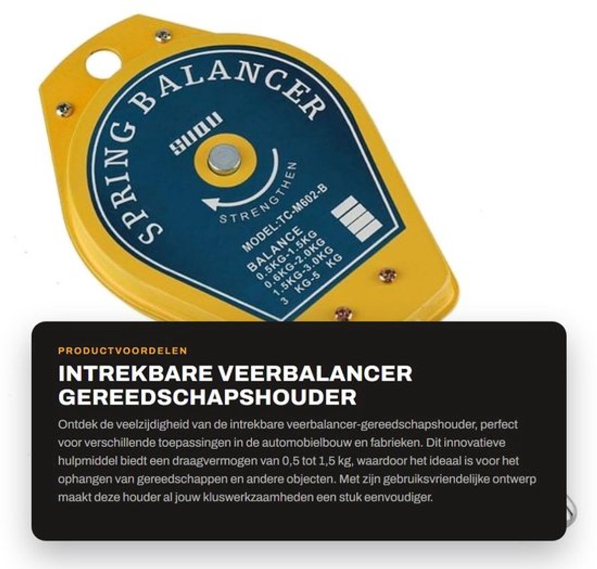 Veerbalancer Intrekbaar - Draagvermogen 0,5/1,5 kg - Gereedschapshouder - Hoogwaardig Metaal/Kunststof - Duurzaam - Geschikt voor Automobielbouw/Fabriek - Ophangsystemen