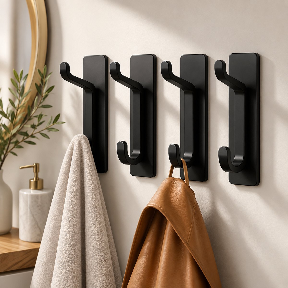 Zelfklevende Wandhaken voor Jassen en Handdoeken - 6 kg Draagkracht - Metalen Deurhaken, Roestvrij, Zonder Boren - 4 Stuks (Zwart)