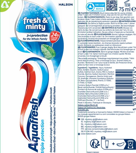 Achterkant van Aquafresh tandpasta met informatie over ingrediënten en gebruik, met de tekst 'fresh & minty 3in1 protection for the Whole Family 24h enamel shield'.
