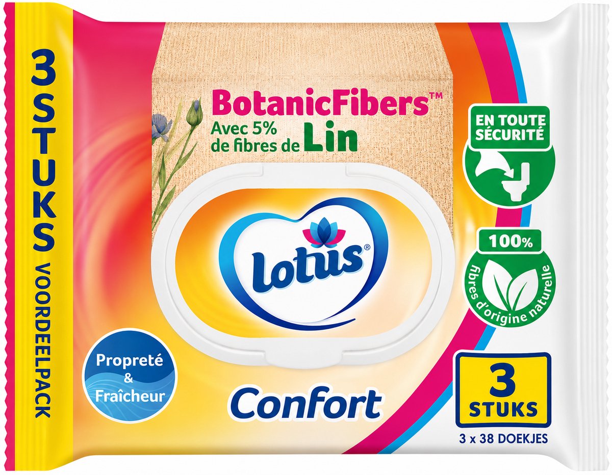 Lotus Comfort Vochtig Toiletpapier – 3 x 38 Doekjes – Parfum- & Kleurstofvrij – pH-Neutraal – 100% Natuurlijke FSC-Vezels – Doorspoelbaar**
