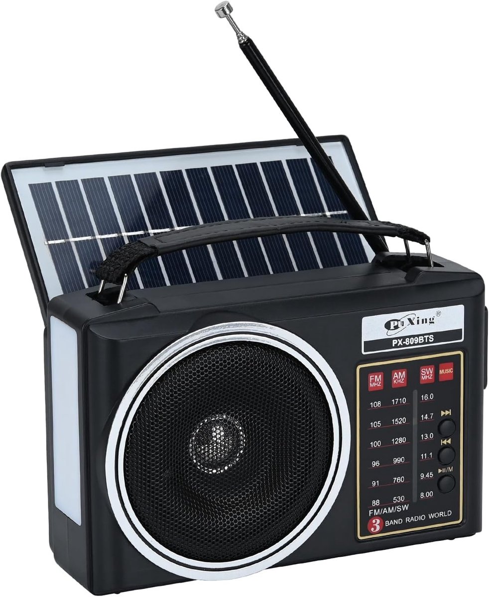 Noodradio solar en opwindbaar - Donker - 16 x 6,5 x 10,5 cm - Draagbare AM/FM/SW Bluetooth Radio met Zonnepaneel en LED Licht
