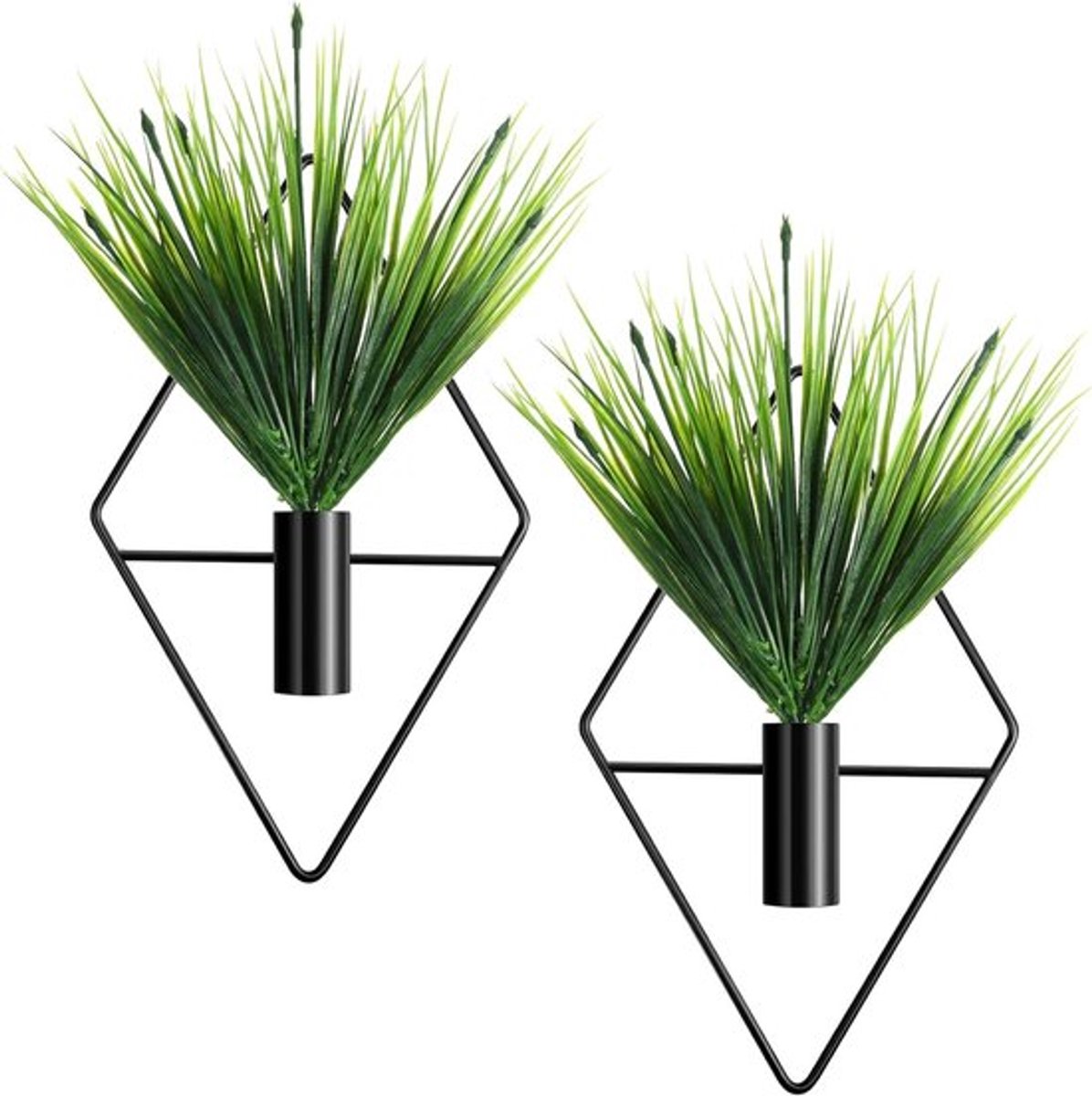 Moderne Geometrische Wandvaas in Diamantvorm met Kunstplanten voor Binnengebruik - Stijlvolle Hangende Bloempot voor Woonkamer en Kantoor (Zwart)
