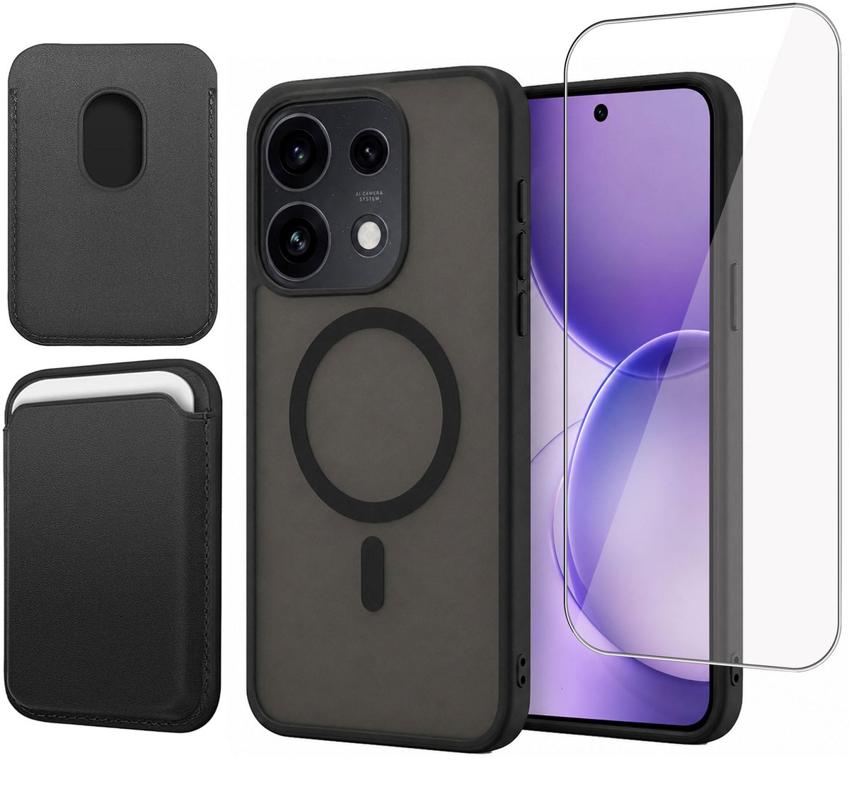 Hoesje + Pasjeshouder + Screenprotector geschikt voor OPPO Reno 16 5G / Reno 16 Pro 5G - Portemonnee geschikt voor MagSafe - Magnetisch - Pasjes Houder - Creditcardhouder - Zwart