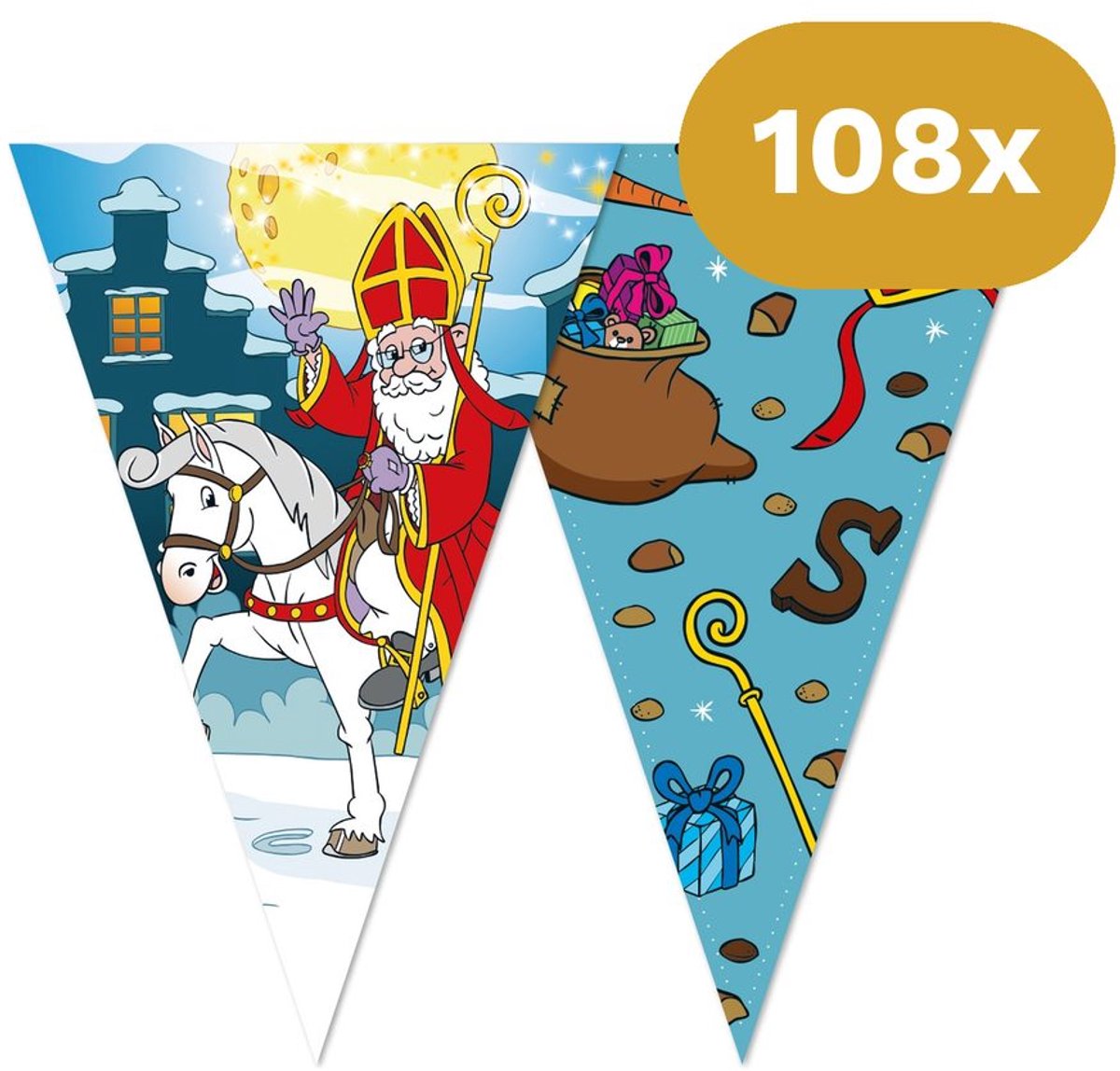 108x Vlaggenlijn Sinterklaas 10 Meter (1080m Totaal) - Voordeelverpakking - 2-Zijdig Bedrukt Decoratie Piet