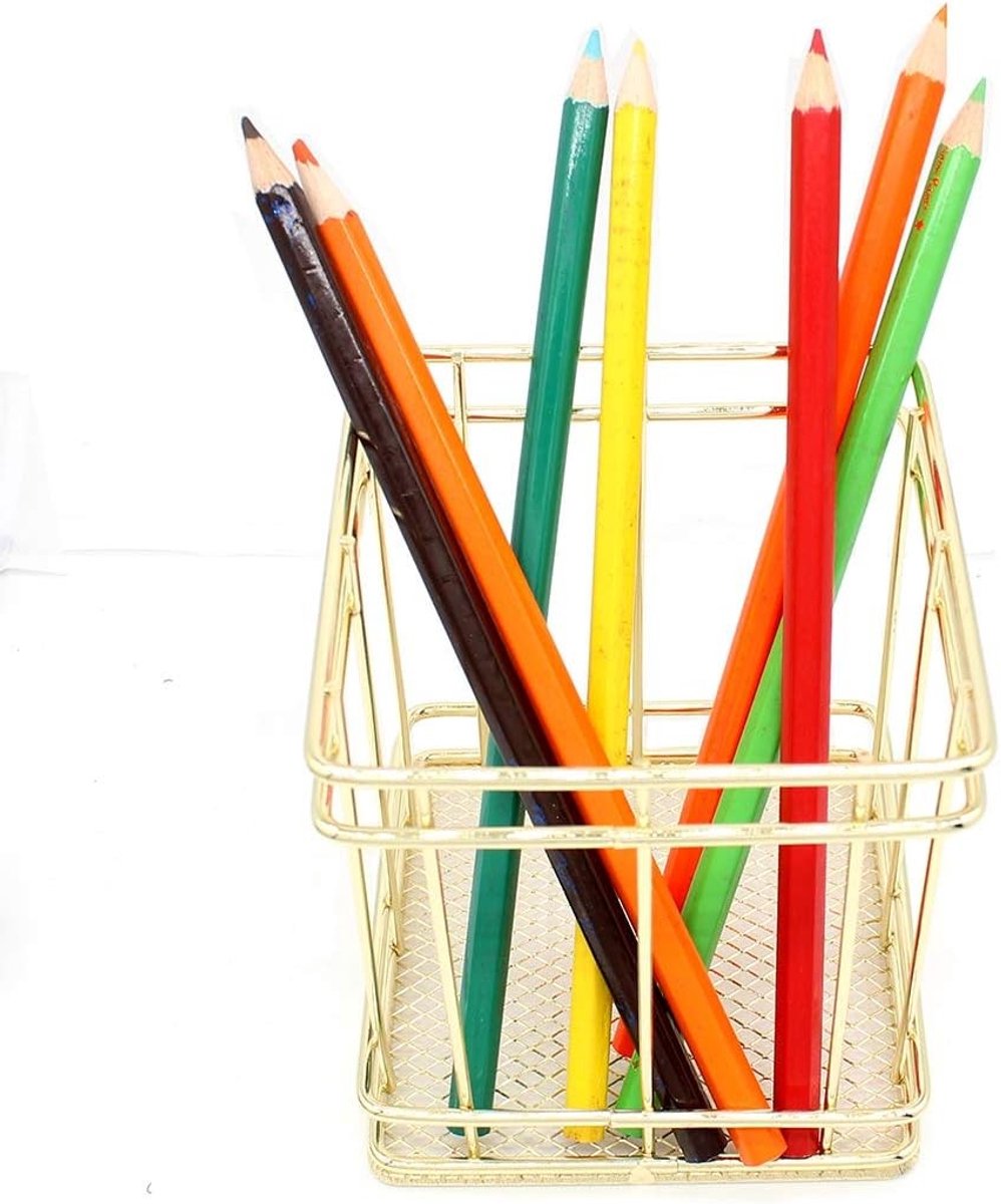 Vierkante Pennenhouder van Metaal - Desk Organizer voor Make-upkwasten en Potloden, Koper Goud, Stijlvol en Functioneel