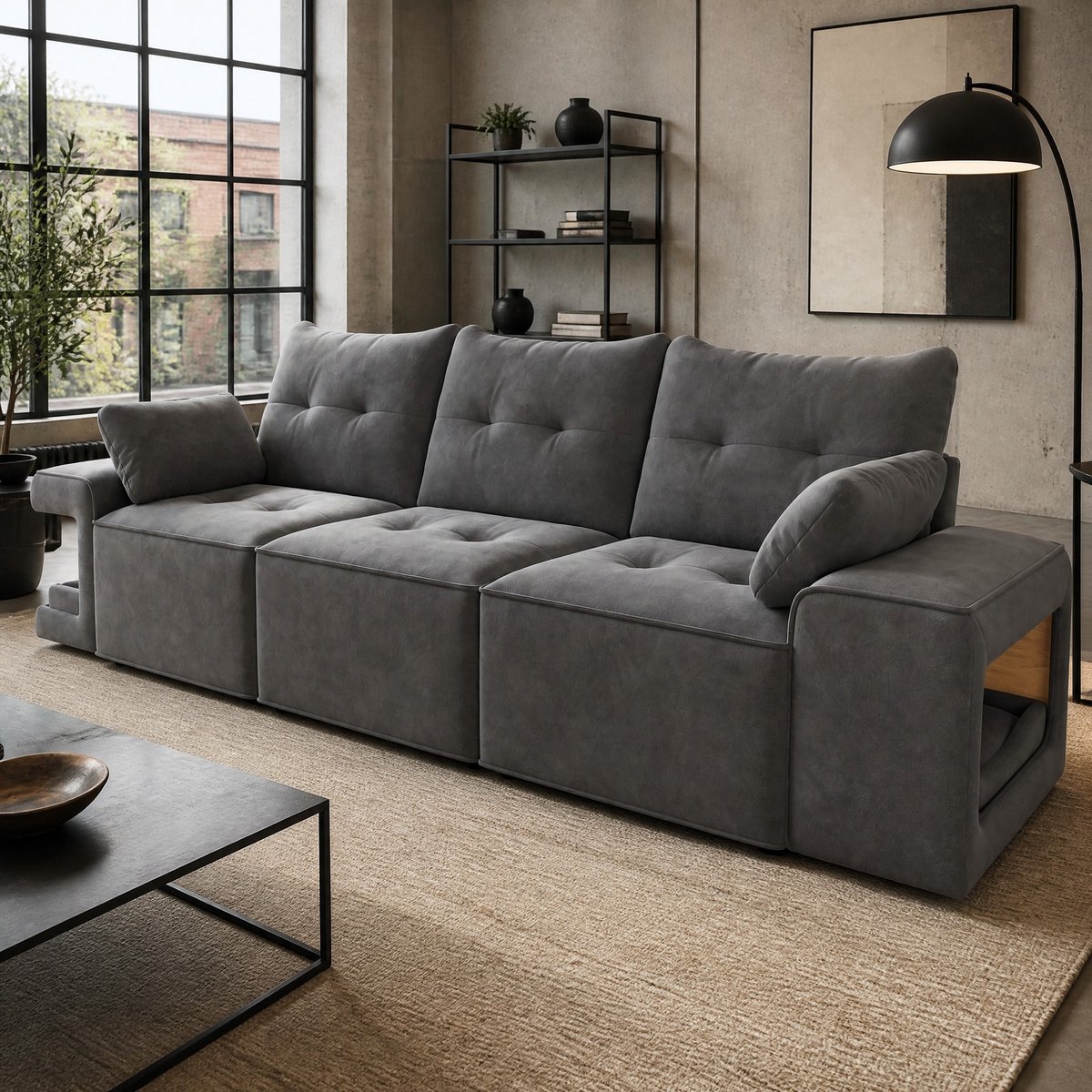 Wishdor Modulaire 3-zitsbank - Breed armleuningen - Opbergruimte - Huisdiernissen - velvet - grijs - 229,5 x 78 x 84 cm