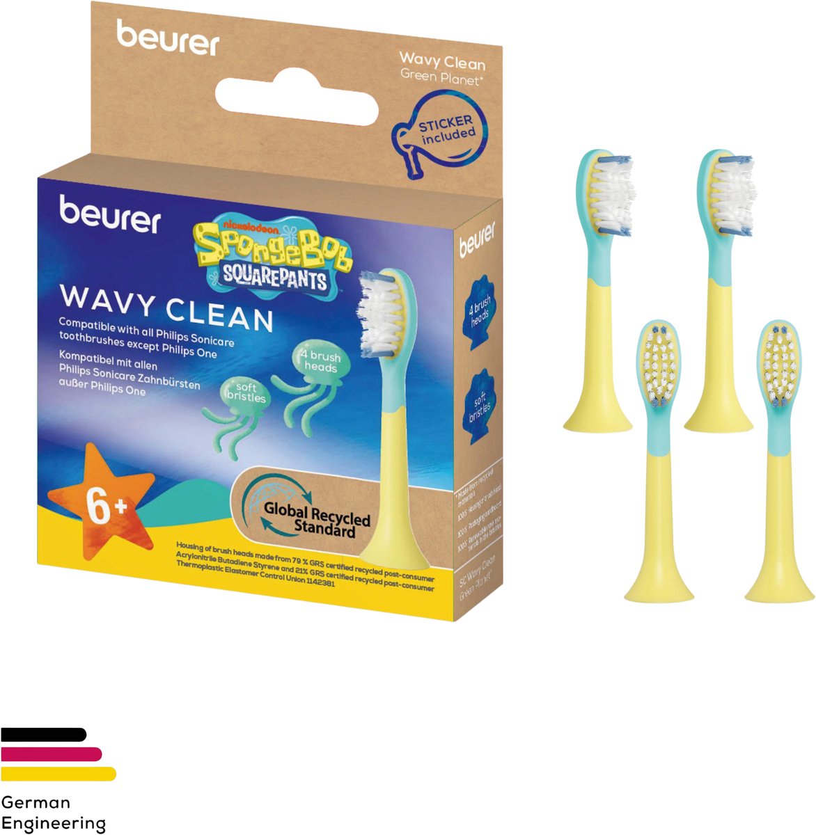 Beurer SC Wavy Soft Opzetborstels 3+ jaar – 4 stuks – SC 11 SpongeBob – Rubberen Borstelkop & Extra Zachte Borstelharen – Ook voor Philips Sonicare Tandenborstels* – Stickervel & Poetskalender via QR-code