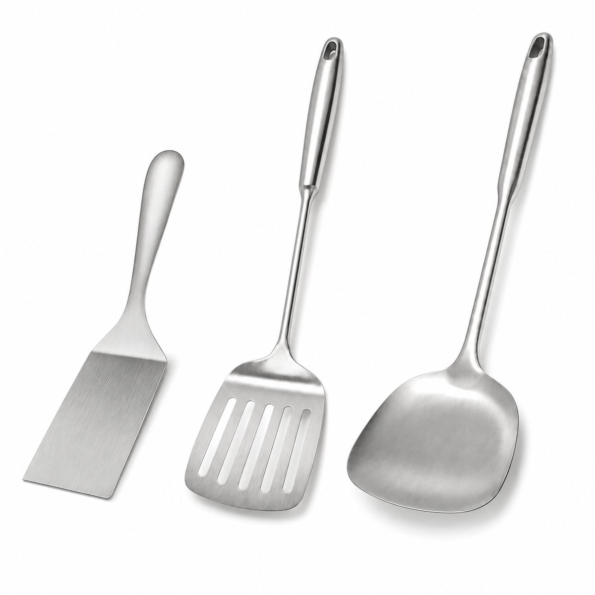 My Green Deal - RVS Spatelset 3-delig – 304 RVS – Platte Bakspatel, Sleufspatel & Wokspatel – 25,5 / 39 / 38 cm