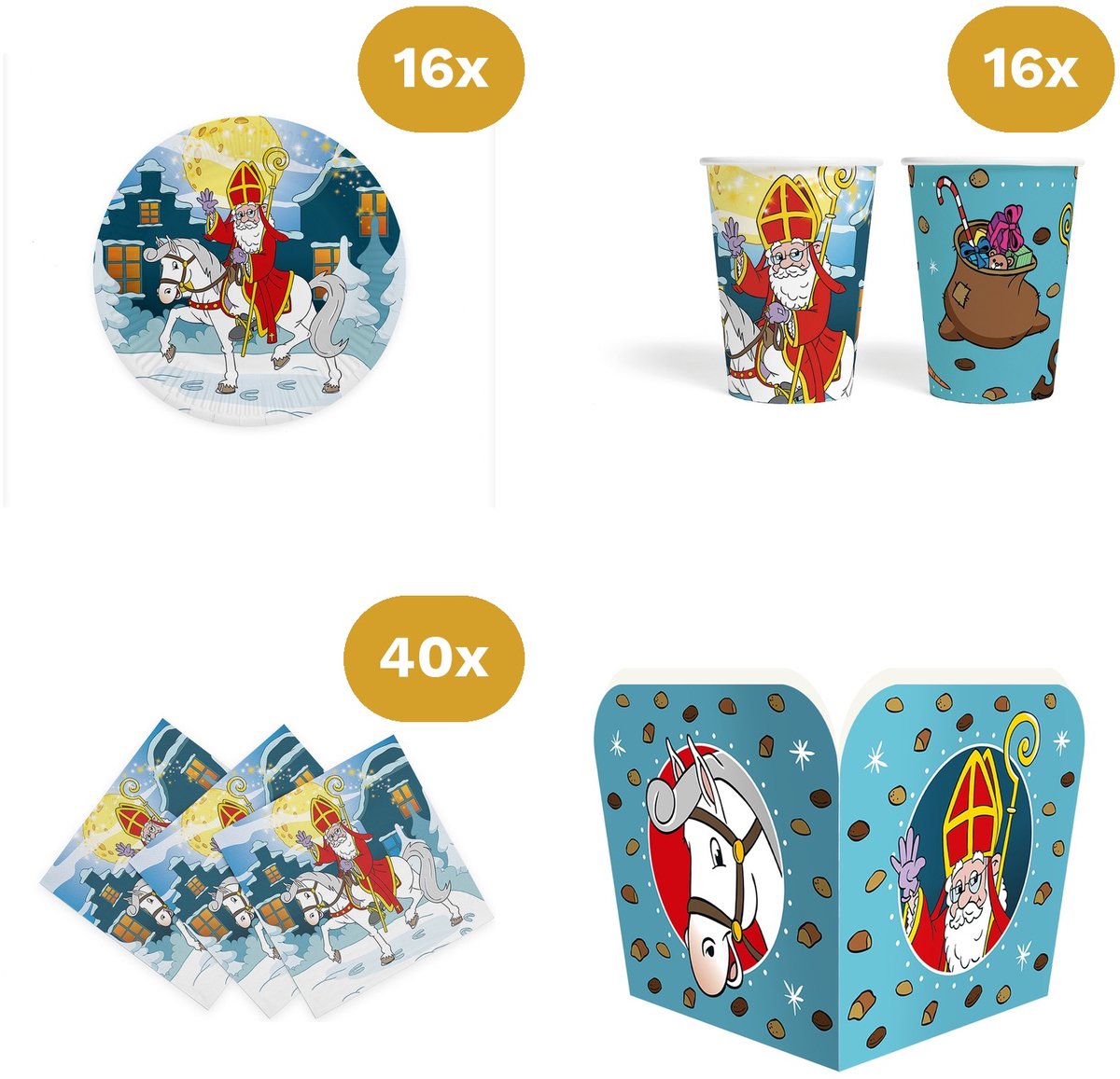 Sinterklaas Versiering Tafelset - 16x Bordjes, 16x Bekertjes, 40x Servetten & Snackboxes - Kinderfeestje 16 Personen