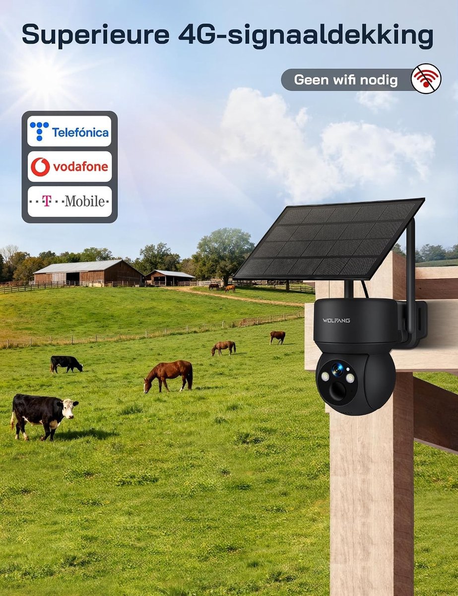 Wildcamera - Zwart - Mobiele 4G LTE Trailcamera - Zonne-energie Beveiligingscamera met 2,5K Live Video - Voor Buitengebruik